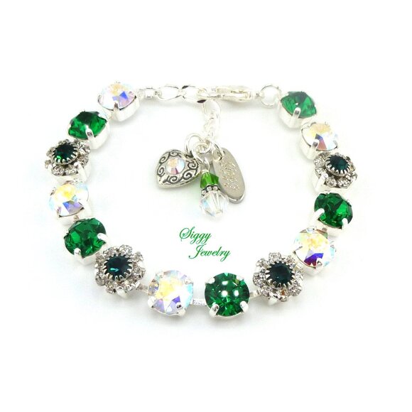 Emerald BLOSSOMS Tennis Bracelet Made with Genuine Swarovski Crystal and Flowers - Picture 3 of 8